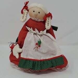 Festive Red and Green CHRISTMAS Doll with White Apron
